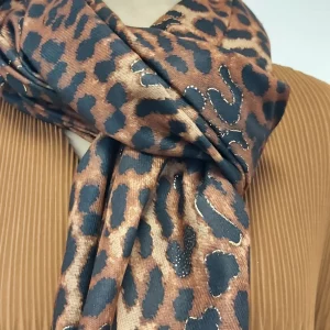 foulard léopard foncee paillette doree frange maron
