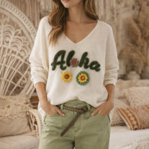 Pull Aloha femme en maille douce et raffinée, sublimé par une broderie florale en relief et un col V élégant. Une pièce premium au charme bohème, pensée pour une allure naturelle et sophistiquée.