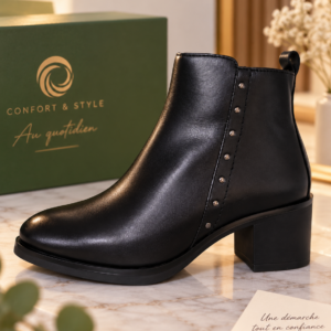 bottines noires cloutées Koala, bottines noires femme, bottines femme Koala, bottines cloutées femme, bottines noires à talon, bottines talon bloc femme,