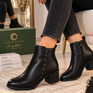 bottines noires cloutées Koala, bottines noires femme, bottines femme Koala, bottines cloutées femme, bottines noires à talon, bottines talon bloc femme,